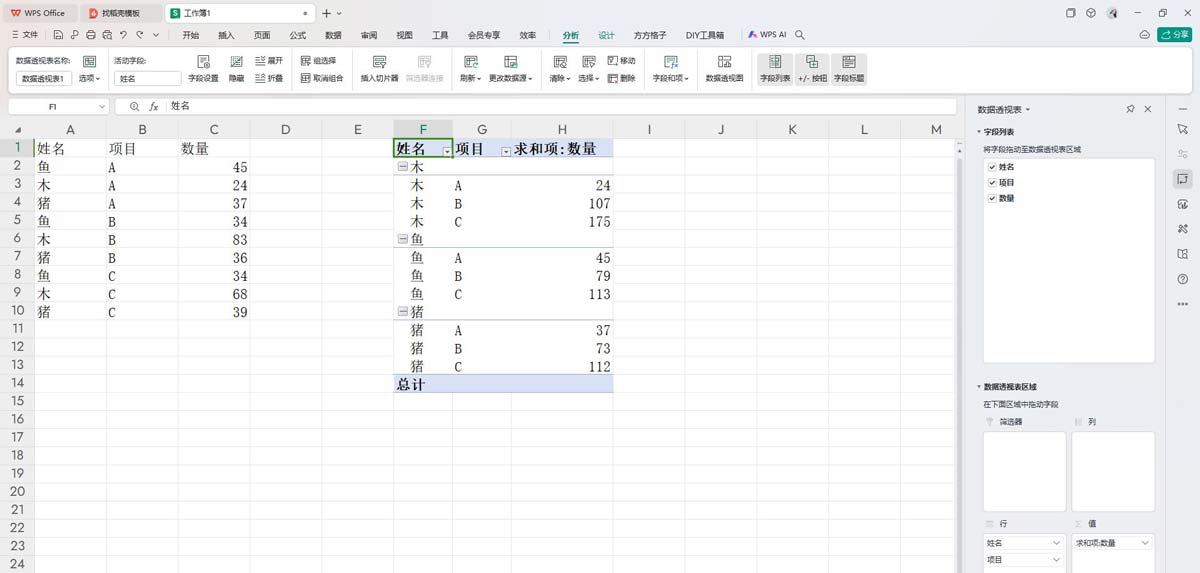 wps数据透视表字段列表不显示